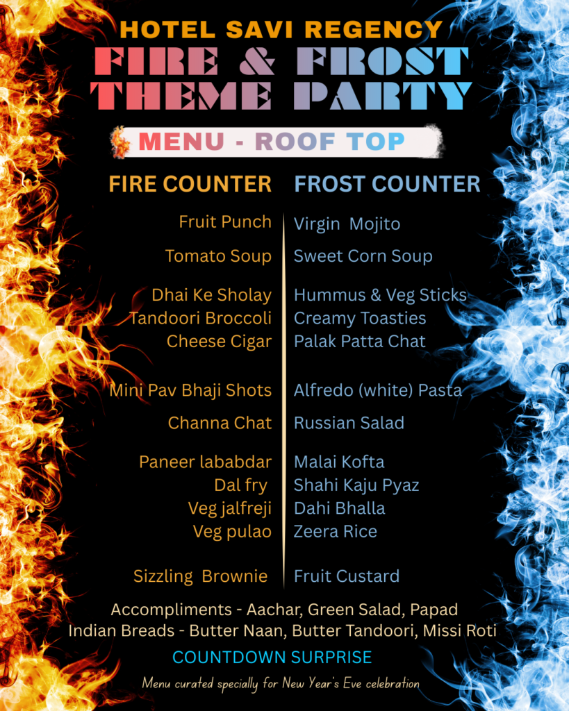 Menu curated for New Year Party 2026 - Fire and Frost Theme at Hotel Savi Regency Jaipur