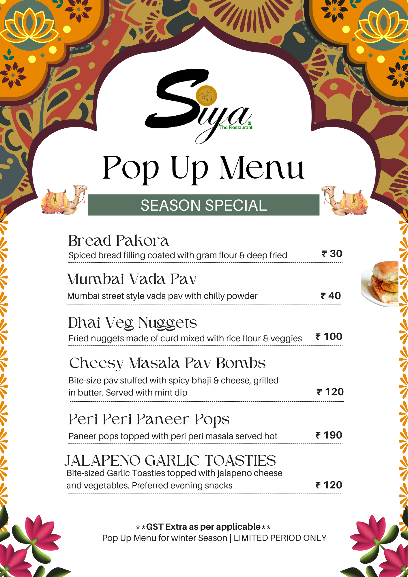 Pop up Menu for Siya The Restaurant Jaipur